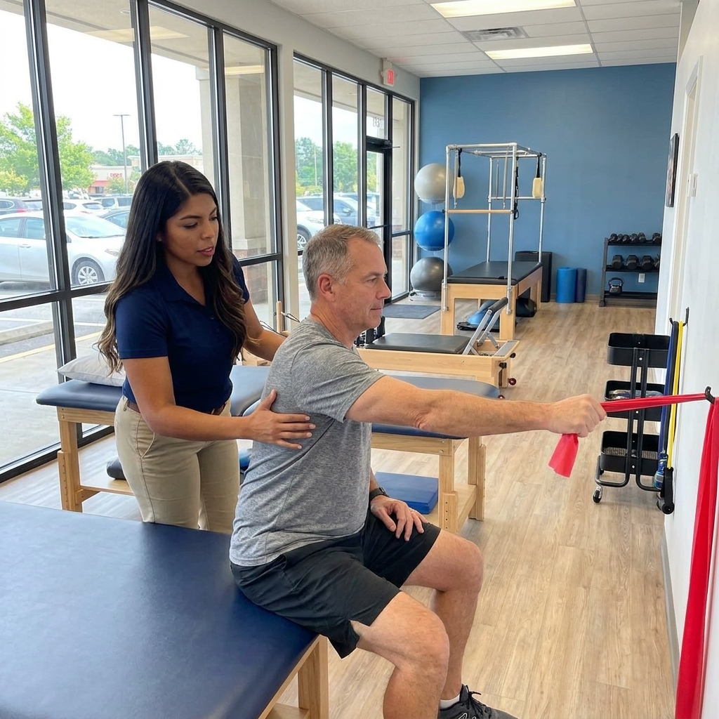 Patient working with a provider at a sports physical therapy clinic in Ooltewah, TN receiving manual therapy for shoulder pain treatment