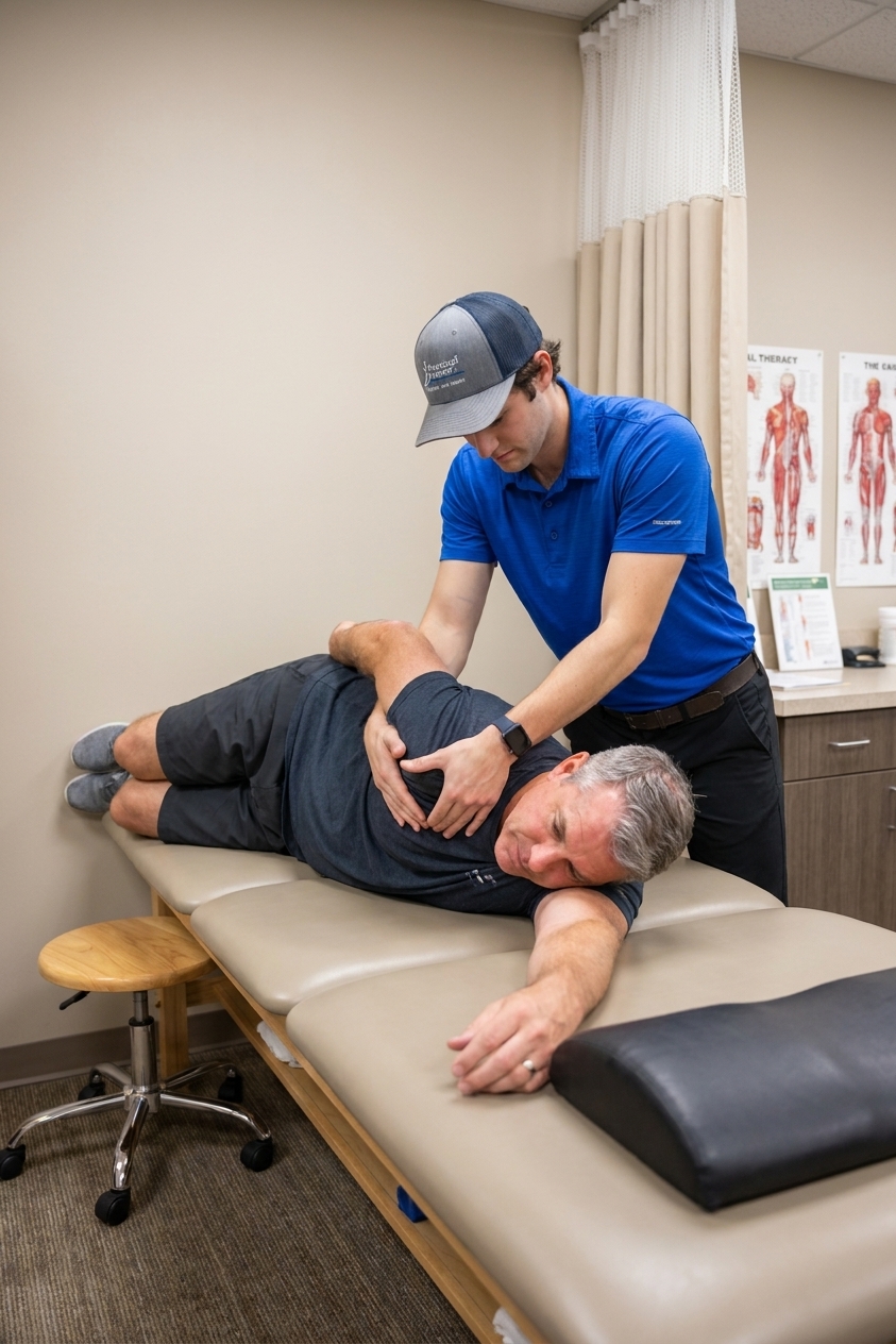 Patient working with a provider at a sports physical therapy clinic in Ooltewah, TN receiving manual therapy for shoulder pain treatment